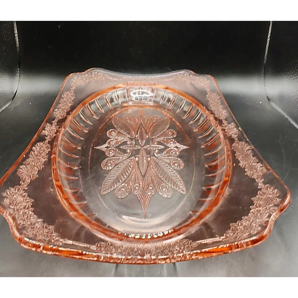 Vintage Jeanette Pink Depression Glass Curved Platter Adam Pattern 11.75